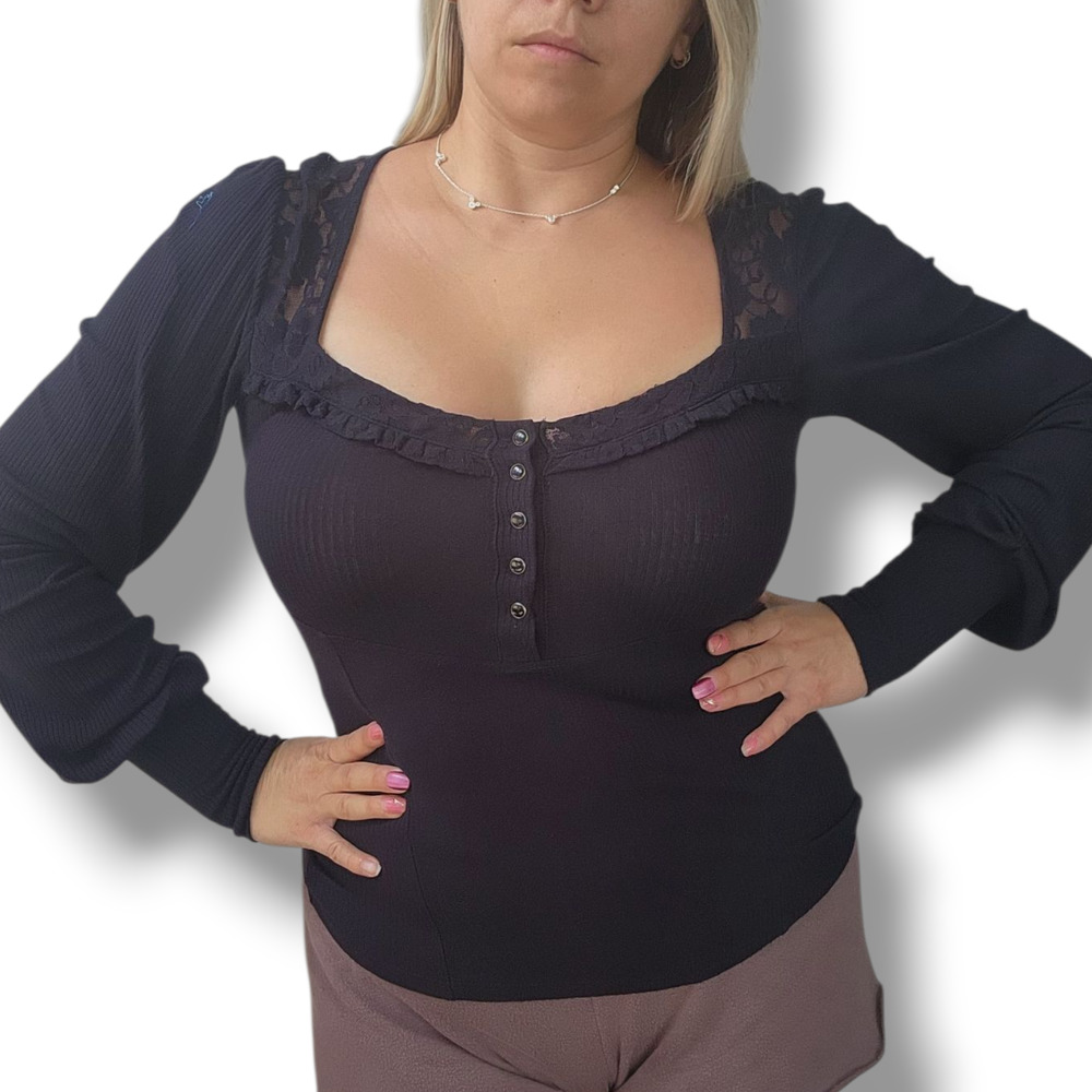 FREE PEOPLE dark blue goth corset Y2K Long Sleeve Square Neck S lace romantic
